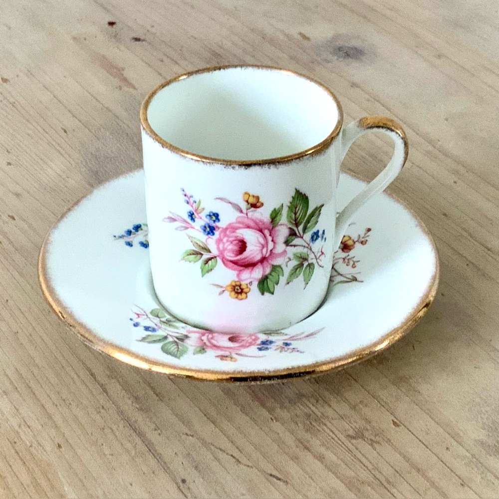 Vintage Floral Teacup and Saucer with Gold Trim